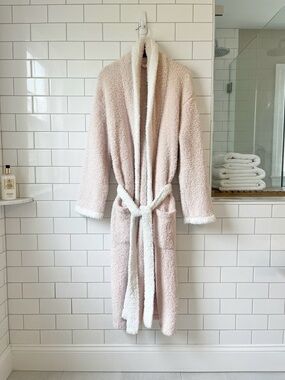 Barefoot Dreams Plush Shawl-Collar Long Robe in Soft Cream Blush